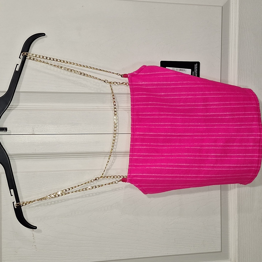 PrettyLittleThings Hot Pink Textured Rib Chain Lace Up Crop Tank Top - size 8